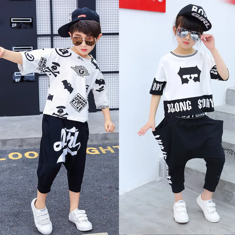 

Kid boy girl cotton white black hip hop costume haren Pants for children performance hiphop show costume clothes T-shirt
