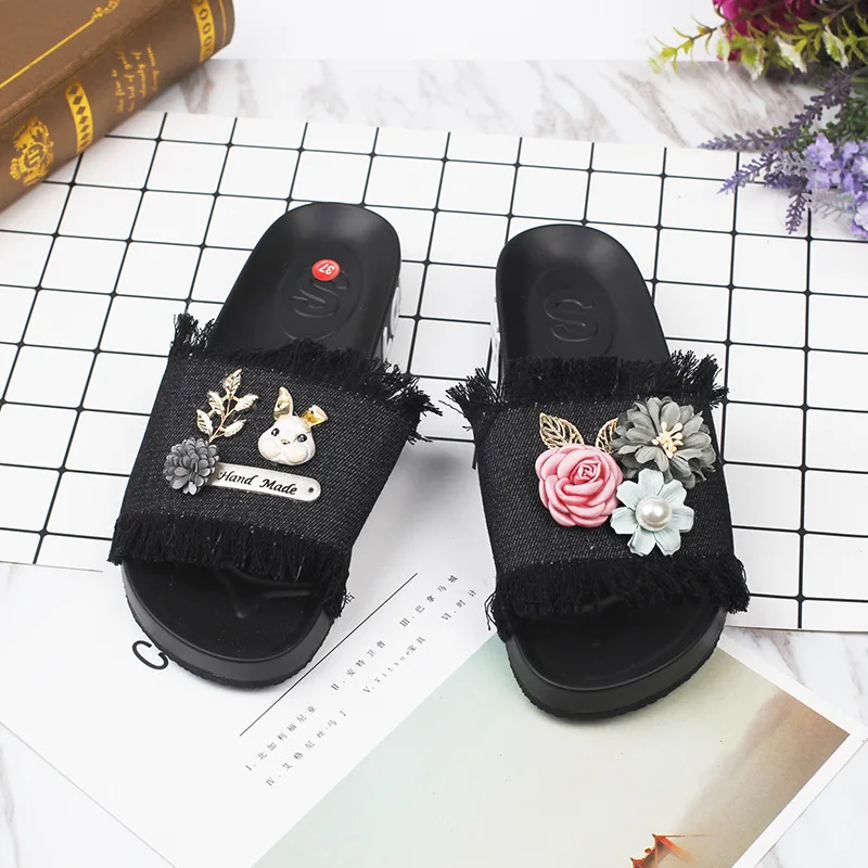New Bunny Fabrics Soft Bottom Flowers Fringed Flat With Women Open Toe Platform Shoes Casual Slippers For Ladies Cheap58