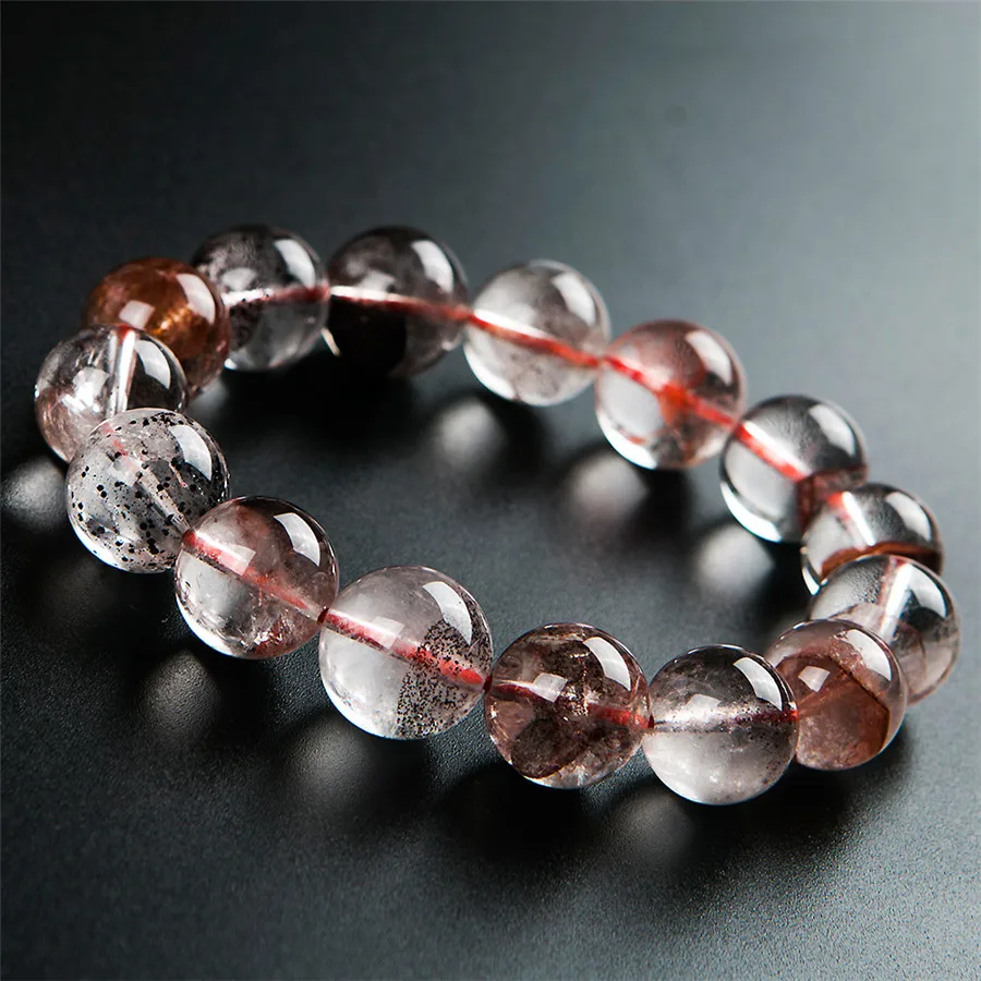 Натуральный красный фантомный кварц камень браслет модные женские кристально чистый камень Круглый бисер кристаллы браслет 14 мм