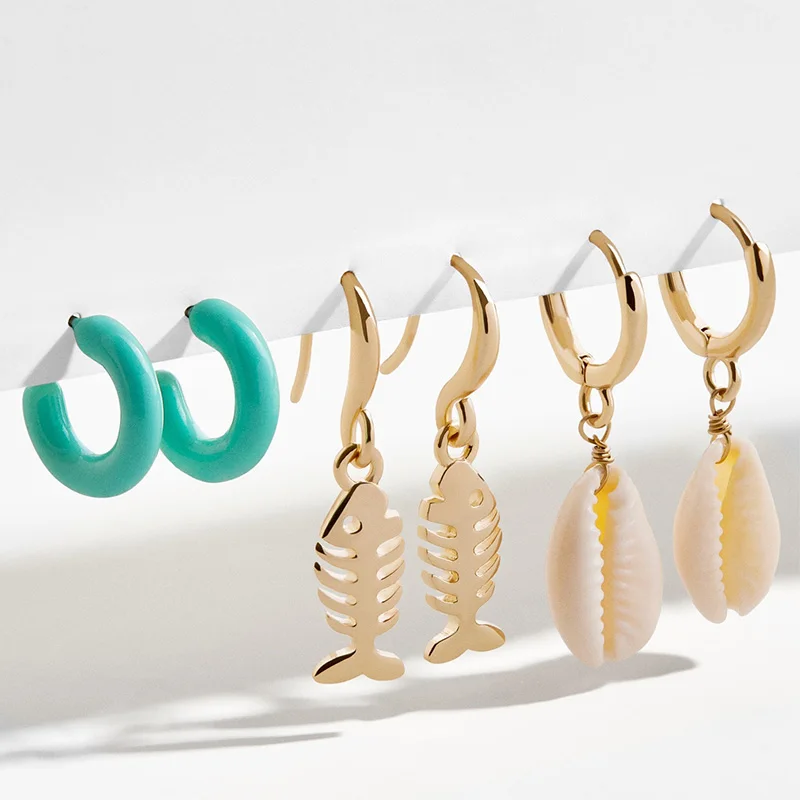 

New Fashion Summer Beach Gold Color Fishbone Pendant Earring for Women 3pc/Set Small Shell Dangle Earring Bohemia Jewelry Bricos