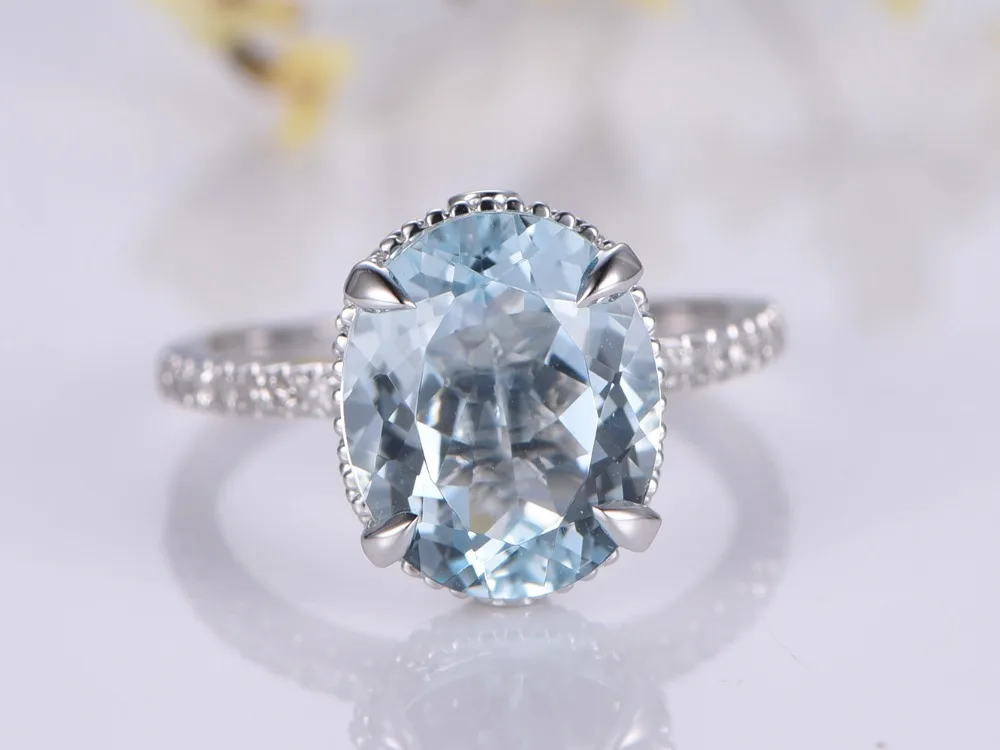 

MYRAY 11x9mm Oval Natural Blue Aquamarine Gemstone Diamond Band Engagement Ring Anniversary Wedding Antique Women White Gold 14k