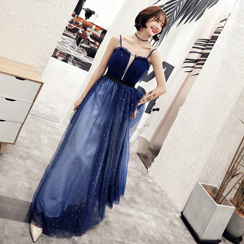 Банкетное вечернее платье женские летние туфли с ремешками синяя звезда dreamy дамы день рождения платье вечернее платье длинный раздел