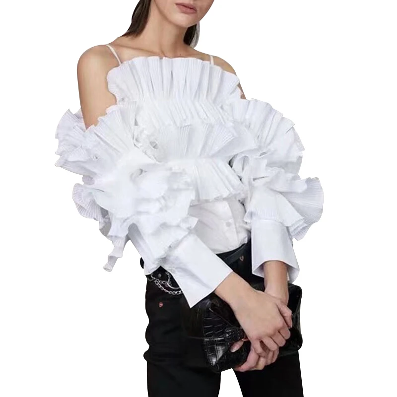 GALCAUR летняя блузка с открытыми плечами для женщин с вырезом лодочкой и расклешенными рукавами плиссированная туника с оборками женская модная одежда
