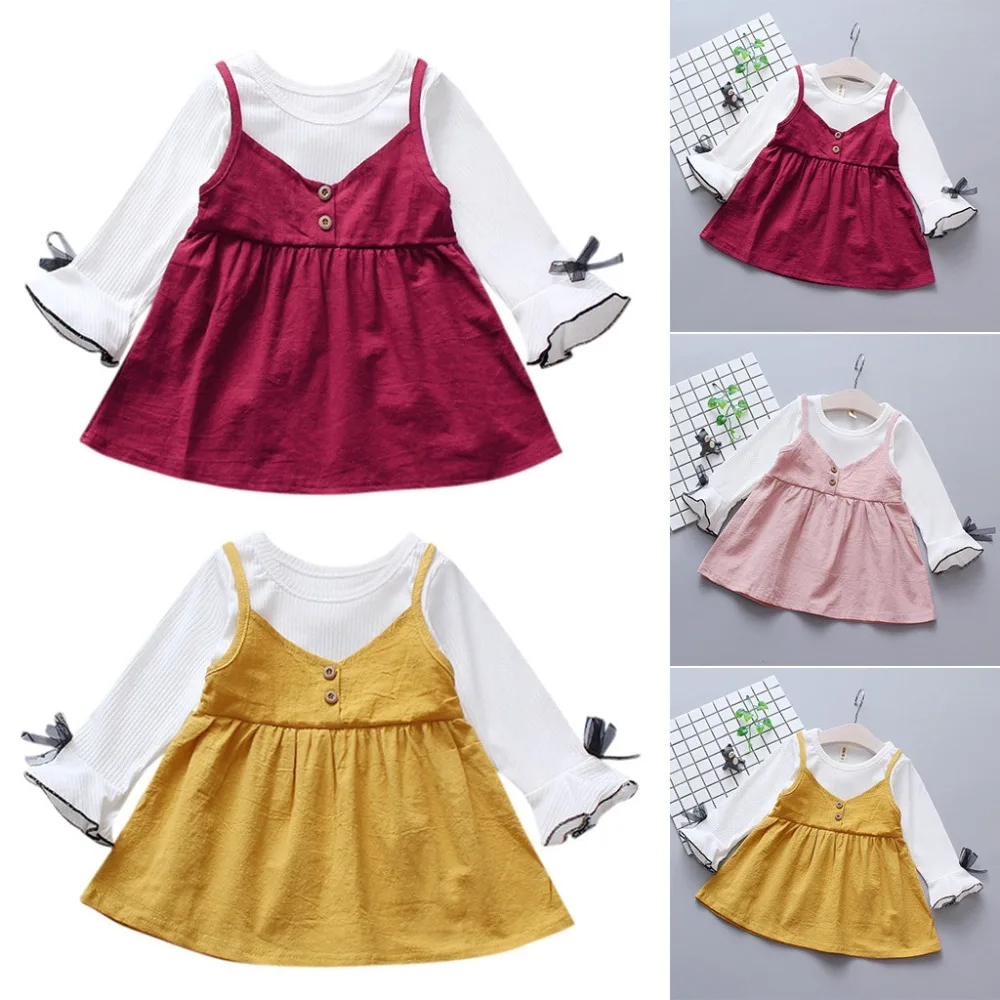 Платье с длинными рукавами для маленьких девочек, детское весеннее хлопковое льняное платье, винтажные свободные платья-рубашки