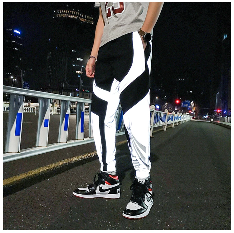 Светоотражающие Брюки мужские хип-хоп танцевальные флуоресцентные брюки повседневные ночные светящиеся блестящие спортивные бегущие