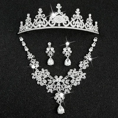 Hot Sale Sliver Plated Rhinestone Crystal Necklace+Earrings+Tiara 3pcs Jewelry Set For Bride Bridal Wedding Accessories (4)