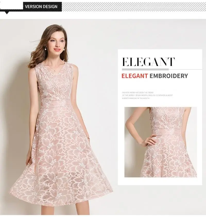 2018 Summer Lace Dress Work Casual Slim Work Women Party Dresses V-neck Sexy Hollow Out A-line Vintage Vestidos