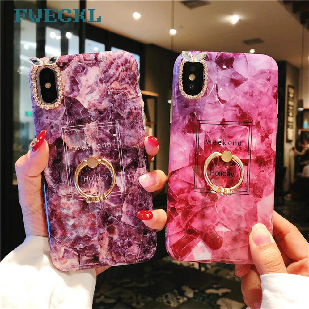 

Luxury Purple Diamond Purple Crystal Marble Case For iPhone 7 8 Plus Rhinestone Finger Ring Stand Cover For iPhone 6 6S Plus XS