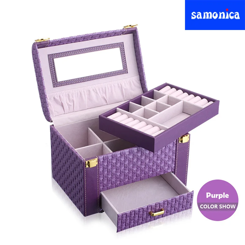 Новый большой емкости Фиолетовый Модный портативный ящик для хранения ювелирных изделий тканый узор серьги кольцо коробка для хранения