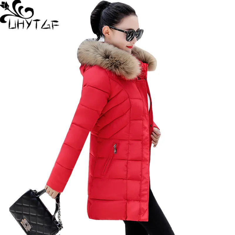 

UHYTGF Winter Jacket Women Thicken down jacket Warm Coat fur collar Hooded Long Parka Jackets Plus size Cotton jacket Female 23