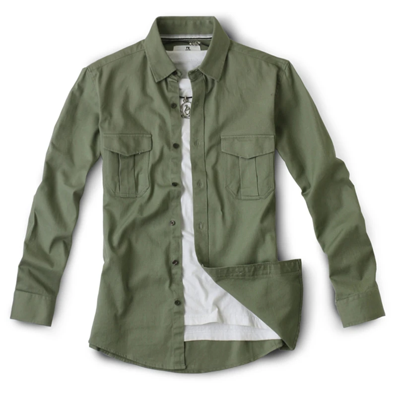 Мужская армейская рубашка с длинным рукавом в Военном Стиле рубашка хаки с значками хлопок повседневные рубашки с нагрудными карманами армейский зеленый