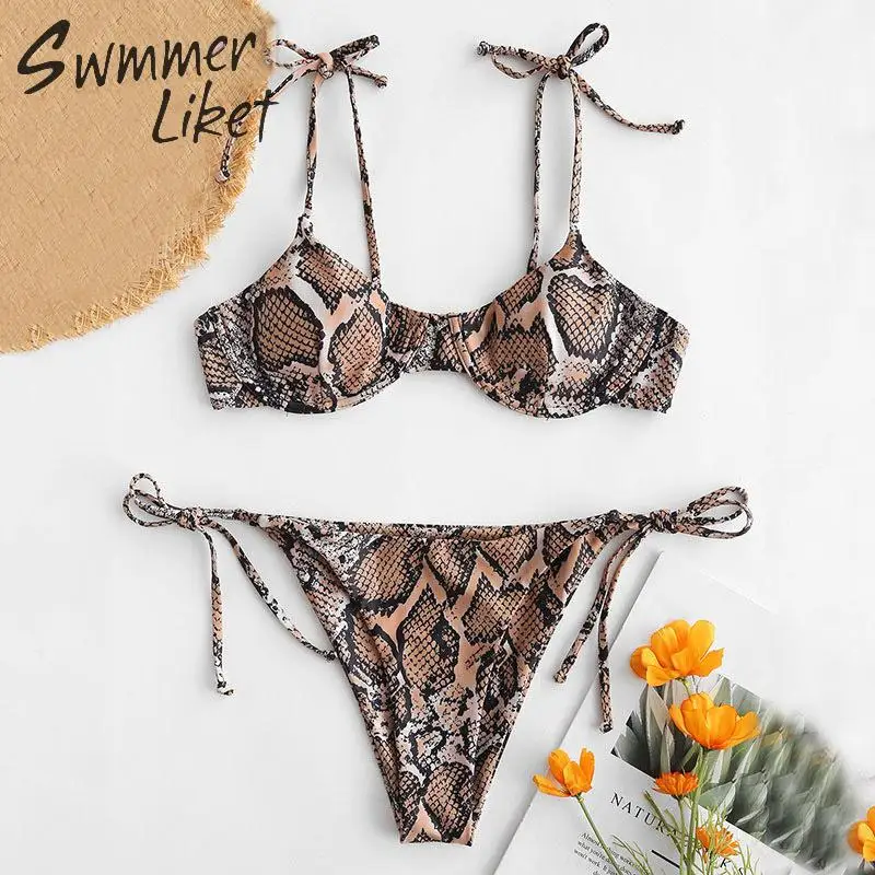 

Snake print bikinis 2019 Mujer High cut swimwear women Push up swimsuit female Summer bathing suit Bandage bathers biquini new