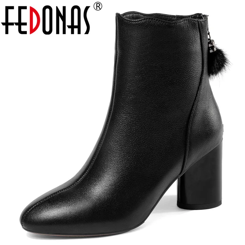 

FEDONAS 2019 Newest Ankle Boots Women Thick High Heels Chelsea Boots Ladies Winter Ladies Boots Cow Leather Office Pumps
