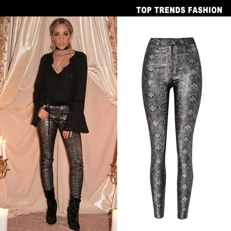 

New Coated Silver Serpentine Leather like Pants with High Waist Autumn and Winter in European and American Women s Wear