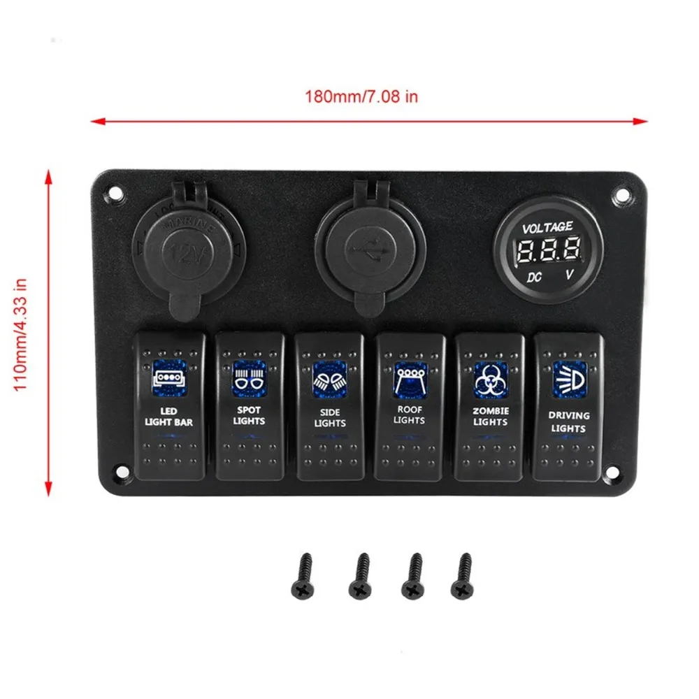 Зарядное устройство с двумя usb-разъемами, 12 В, Силовая розетка, 6 комплектов, водонепроницаемый переключатель, панель управления, светодиодный светильник-индикатор для автомобиля, лодки, морской RV