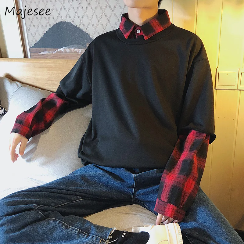 

Hoodies Men O-Neck Patchwork Loose Simple All-match Korean Style Leisure Daily Soft Trendy Sweatshirts Mens High Quality Chic