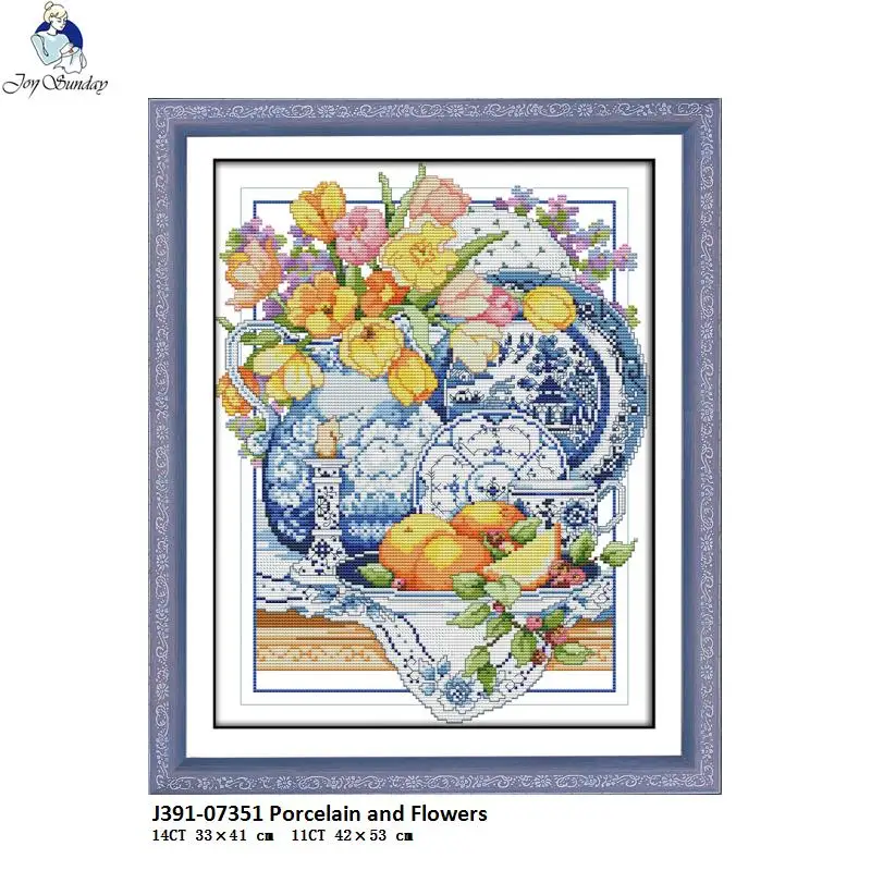 

Joy Sunday Porcelain and Flowers Cross Stitch Kits 11CT Printed Fabric 14CT Canvas DMC Counted Embroidery set Needlework