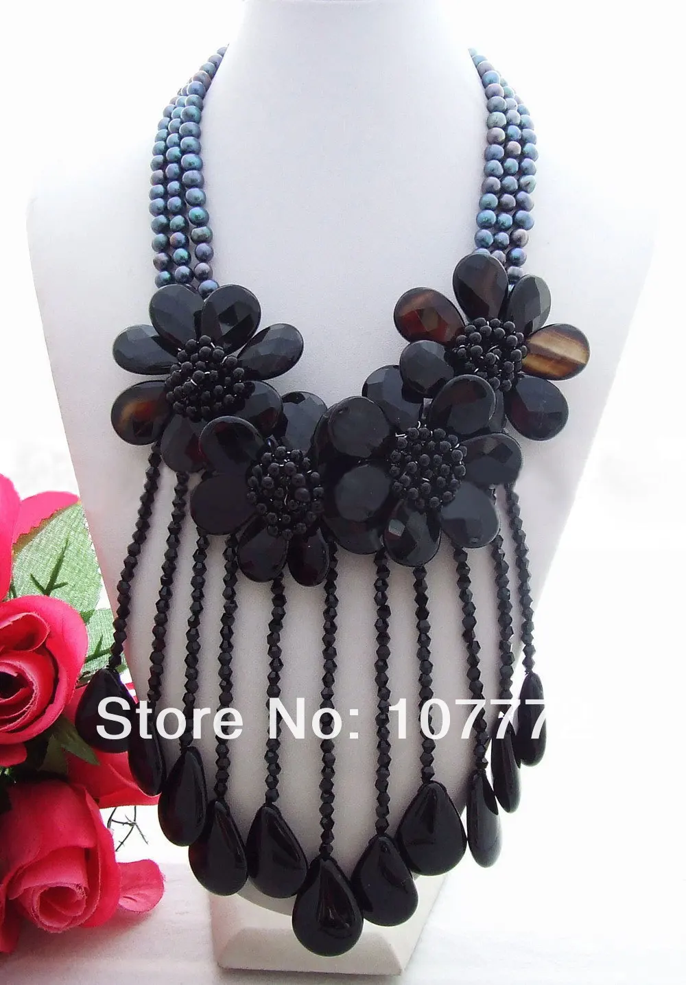 

Charming! Pearl&Onyx&Crystal Necklace free shipment