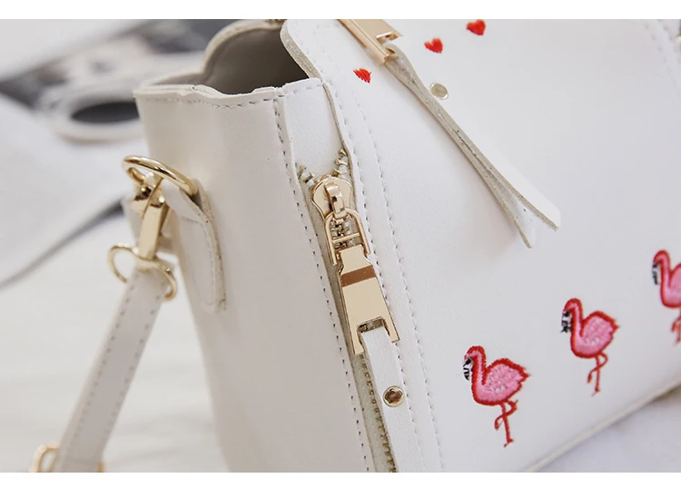 Embroidery flamingos and hearts women bag chain decoration leather handbags small women messenger bags women crossbody bags