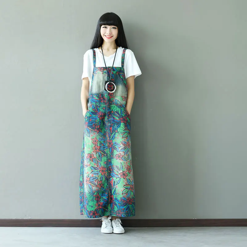 

Women Maxi Printed Flower Denim Dress New Suspenders Denim Dress cute Fashion Plus Size Bib Overalls Dresses Female G062502