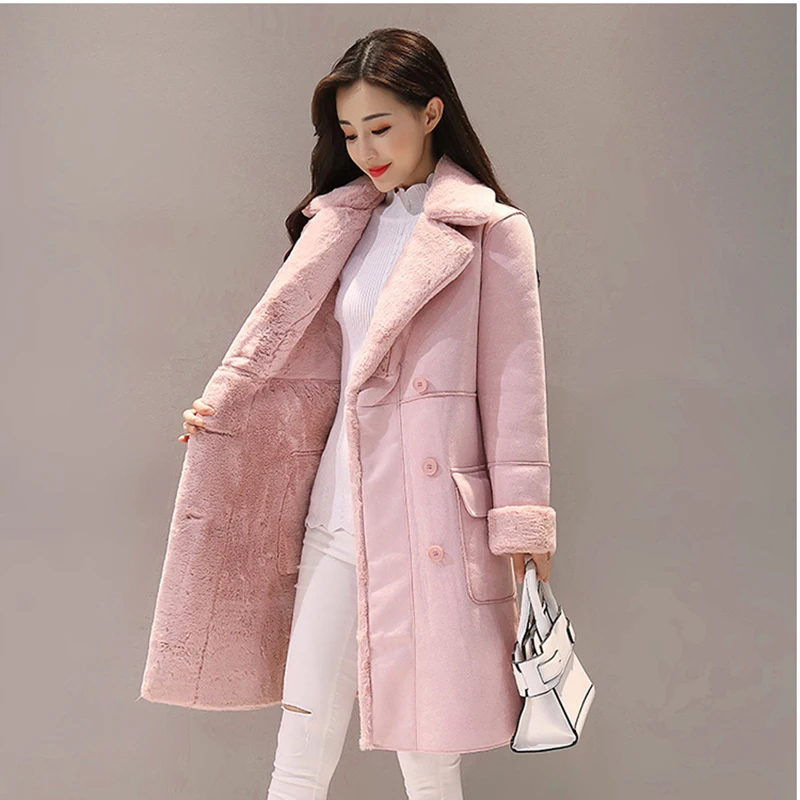 Зимнее замшевое пальто из овечьей шерсти для женщин, плотное вельветовое длинное пальто для женщин, двубортные зимние куртки для женщин, верхняя одежда