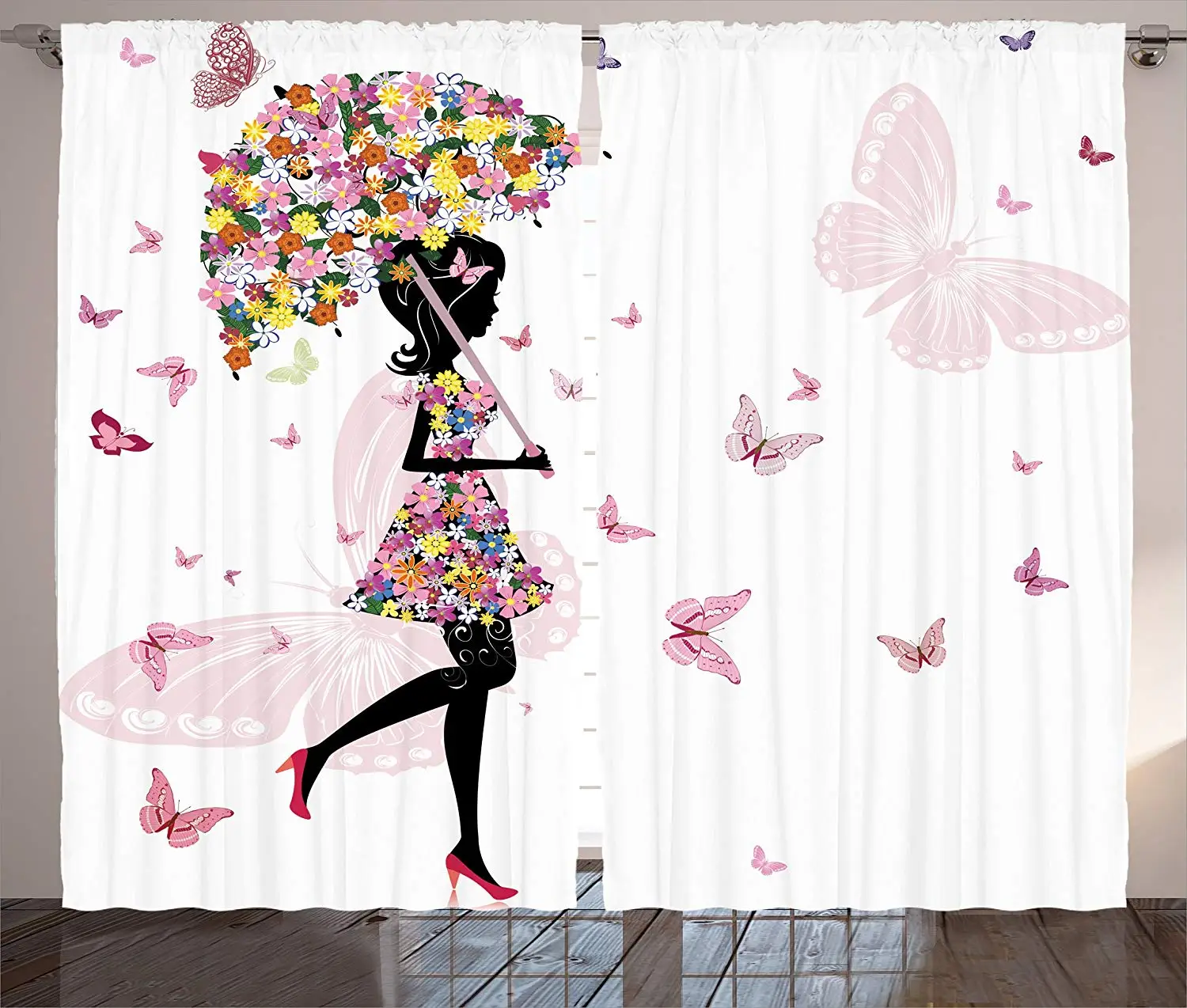 Girly Curtains Girl with Floral Umbrella and Dress Walking with Butterflies Inspirational Artsy Print Living Room Bedroom Decor