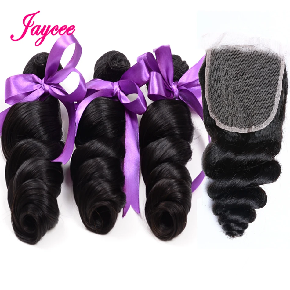 

Jaycee Peruvian Loose Wave Bundles With Closure 100% Human Hair Weave Loose Curl 3 Bundles With Closure Pervian Hair Extension