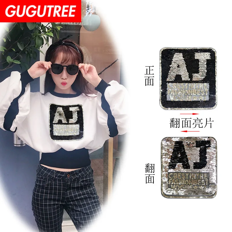 

GUGUTREE embroidery Sequins big aj patches letter patches badges applique patches for clothing XC-204