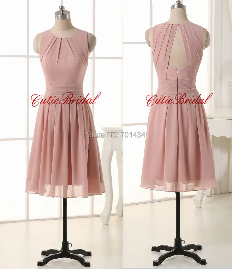 Real Simple Pleat Chiffon Knee Length Wedding Party Gowns Blush