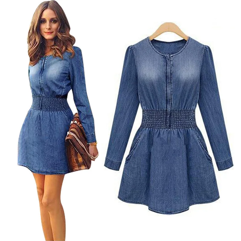 2015 High Quality Women Denim Dress Fashion Winter Dress O neck Long Sleeve Dress Banding Denim