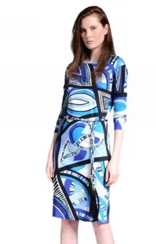 

blue elegant slim belt unique geometry print o-neck knitted elastic one-piece dress