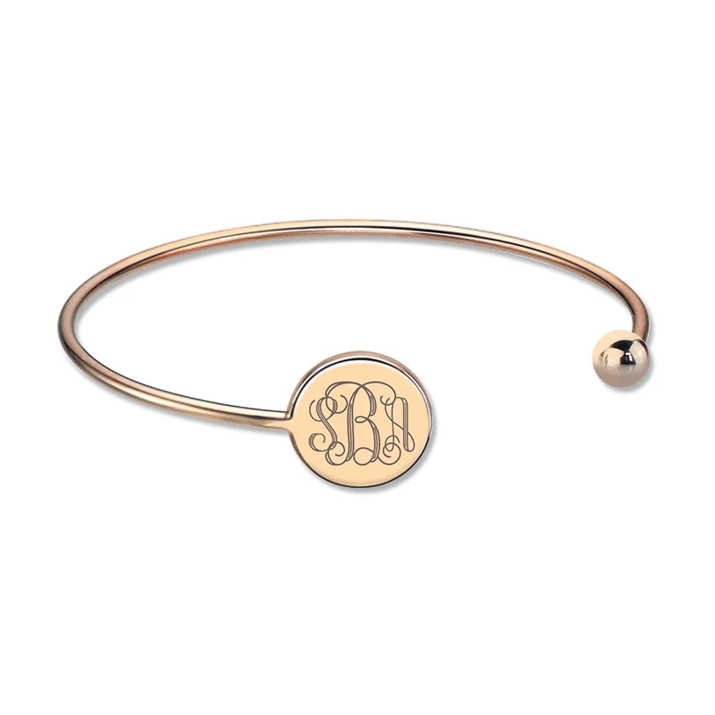 AILIN Monogram Bangle Bracelet Rose Gold Color Engrave Disc Monogram Initial Bracelet Adjustable Bangle Birthday Gift