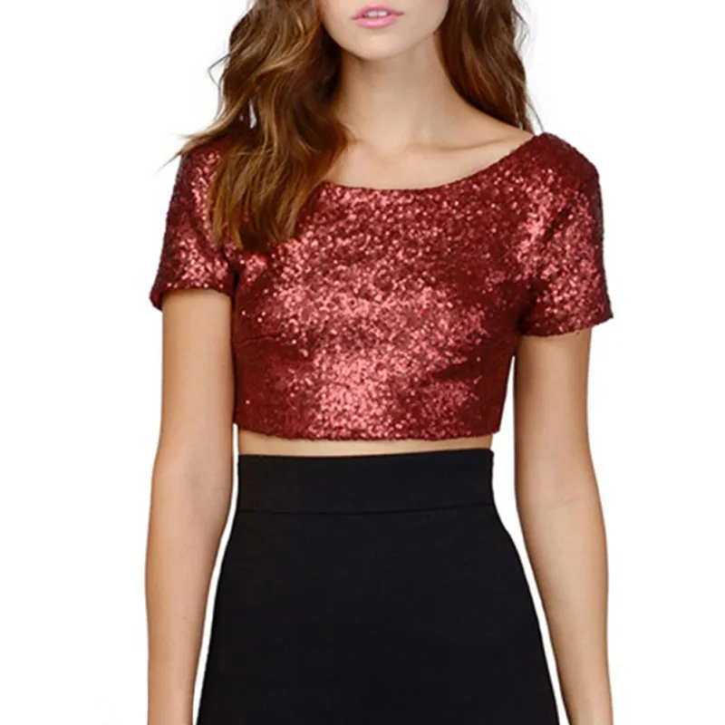 

New Arrivals Sexy Backless Fashion Crop Top 2018 Spring Summer Women O-neck Short Sleeve Sequin Short T shirt Female Slim Tops