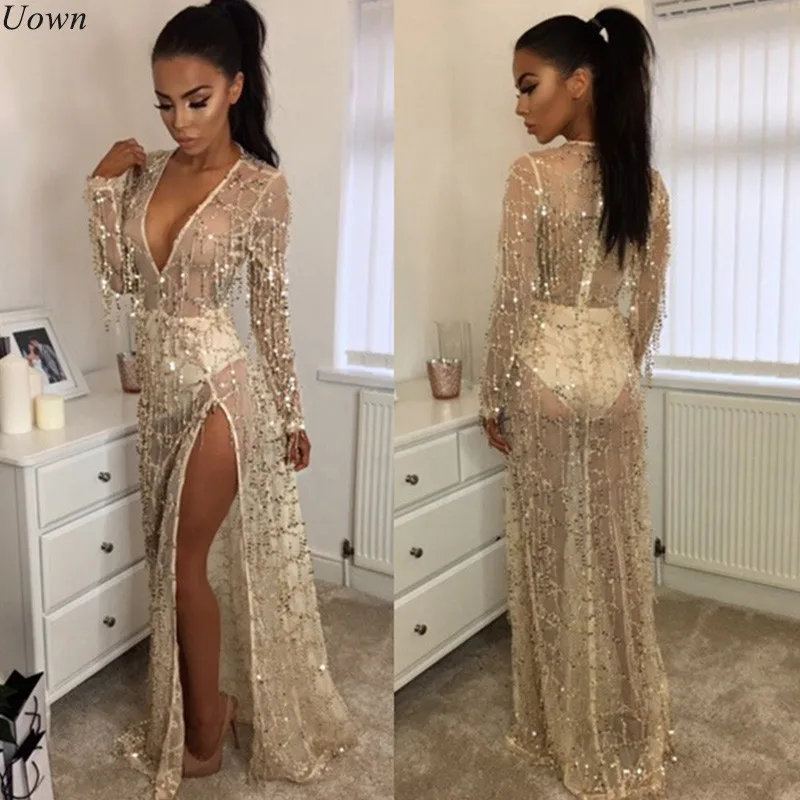 Gold sequin evening dress long sleeve