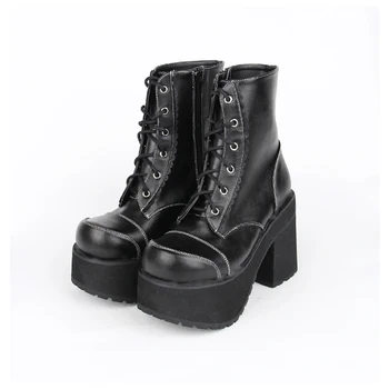 

Fashion Women Leather Platform Short Boots Ladies Black Shoes Punk Autumn High Heels Boots Lace-Up Thick Bottom Wedge Boots