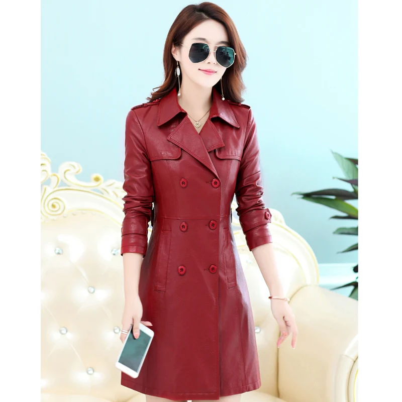 2018 Autumn Winter Long Leather jacket women Plus Size Double Breasted Spring Female coat PU Faux Leather Women Outwear M-4XL