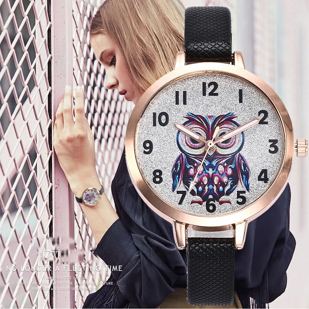 Women Cute Leather Strap Watches Owl Design Quartz Wristwatches Ladies