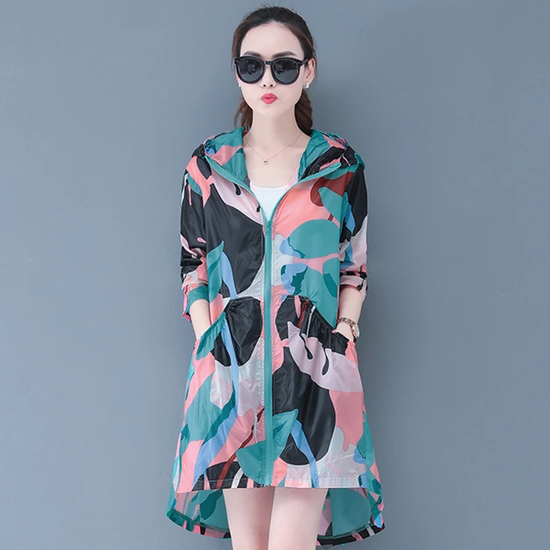 

Summer Women's Hooded Sun Protection Clothing 2019 Plus size printing Sunscreen Shirt Cardigan Long sleeve Long Thin Coat Blouse