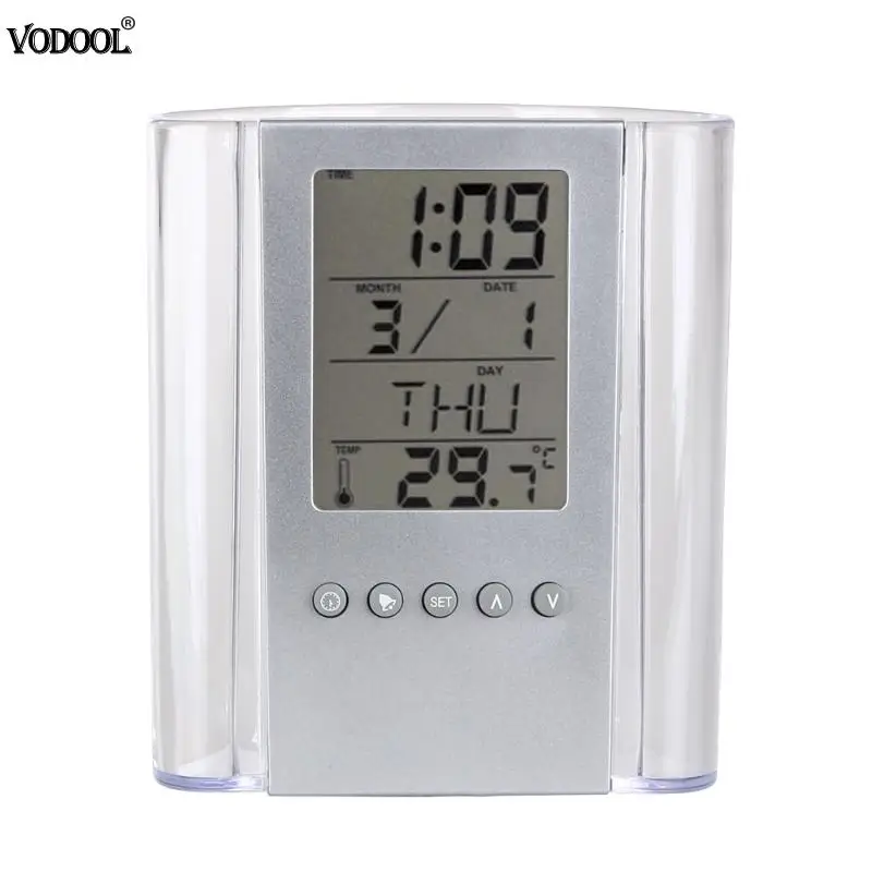

LCD Digital Alarm Clock Desk Pencil Pen Holder Transparent Pen Holder Calendar Container Organizer Built-in CR2025 Battery