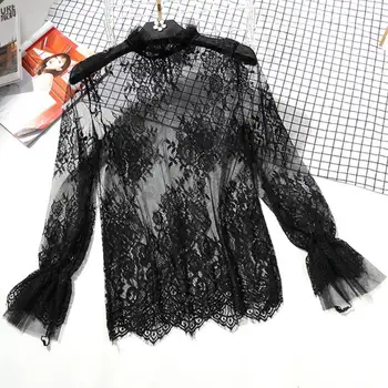 

Womens Long Flare Sleeve Sheer Mesh Blouse Hollow Out Embroidered Floral Lace Shirt Swimsuit Cover Up Ruffles Neck Solid Color B