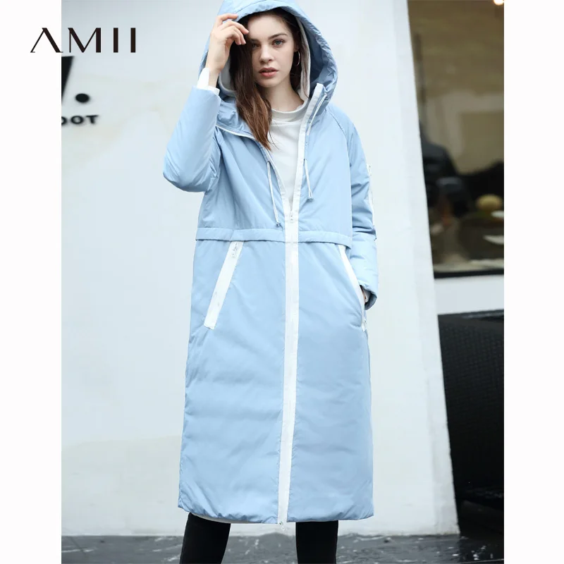 Amii минимализм лоскутный пуховик женский зимний Повседневный однотонный 90% белый утиный пух на молнии Длинные парки пальто куртки с капюшоном