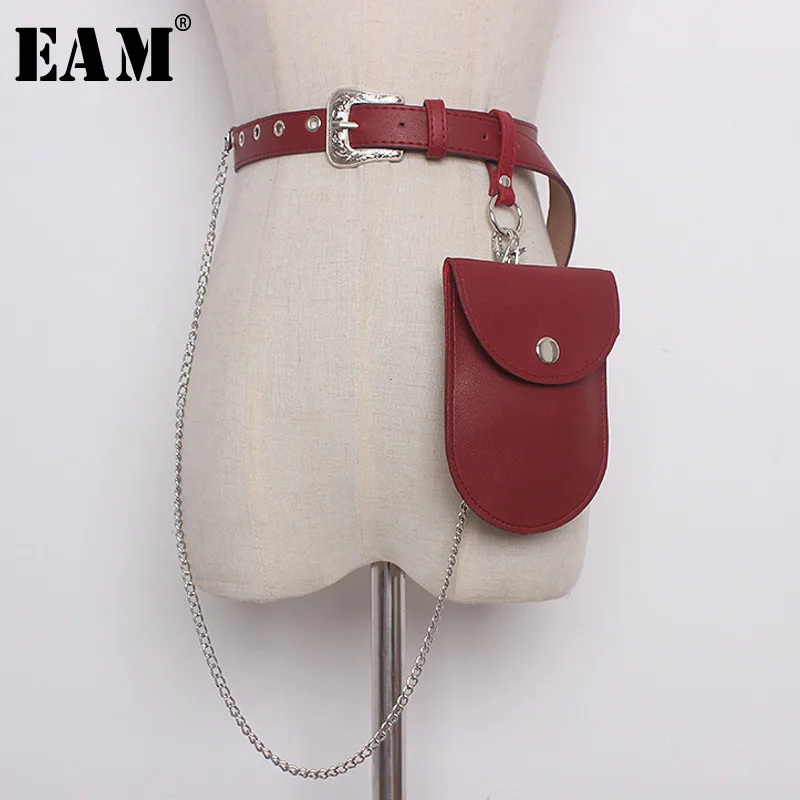 

[EAM] 2019 New Summer Spring PU Leather Min-bag Chain Split Jont Metal Buckle Long Cool Belt Women All-match Fashion Tide JG655