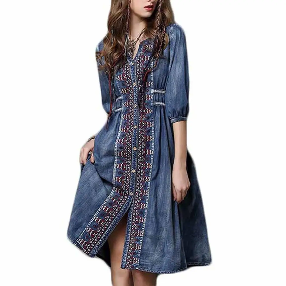 MISSKY новое летнее весеннее женское платье с коротким рукавом и v-образным вырезом модное джинсовое платье с вышивкой на завязках Ретро женское платье - Цвет: blue