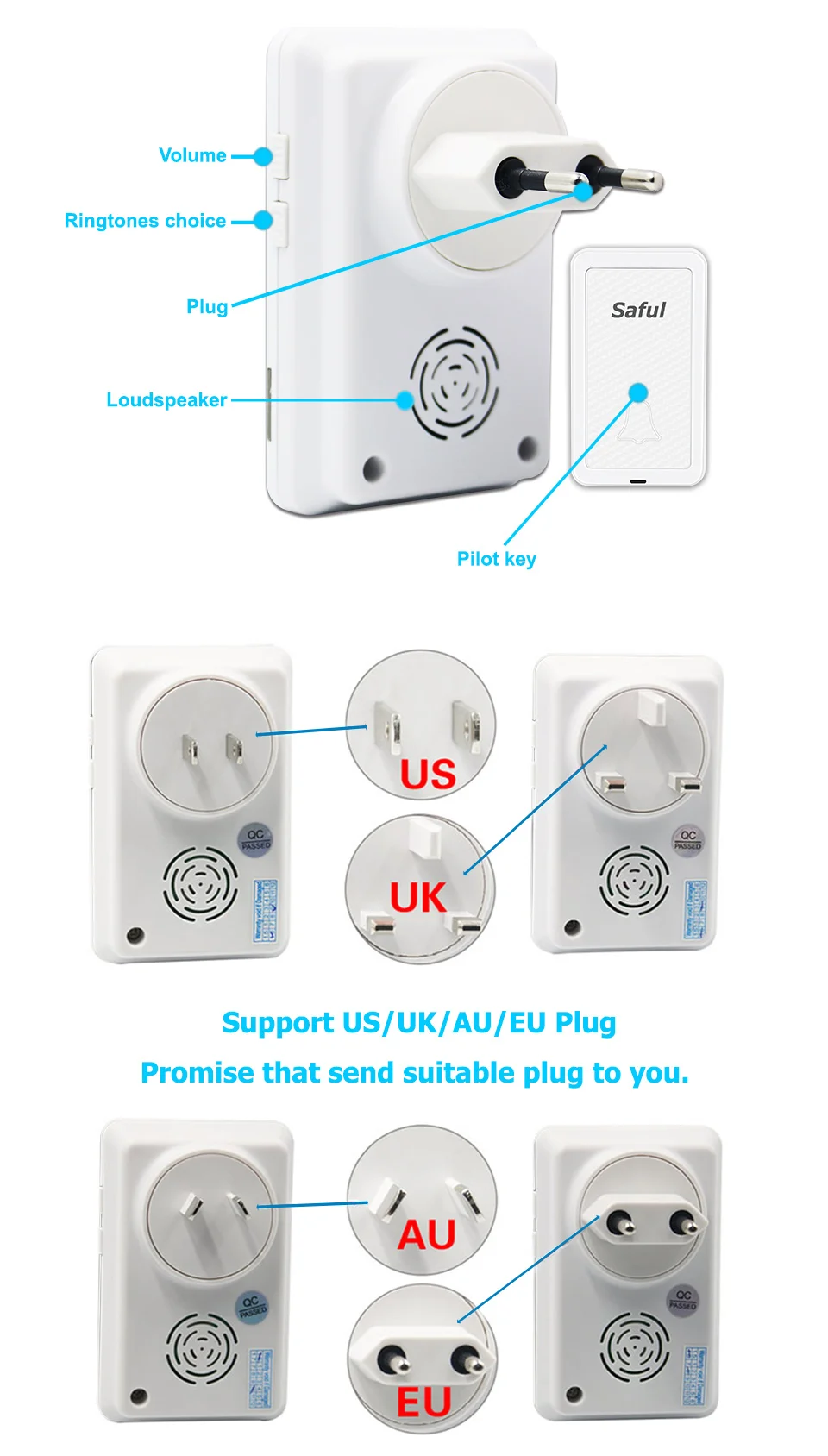 Botão sem Bateria Campainha sem Fio à Prova Campainha da Porta de Casa Saful Água Auto-alimentado ue - Eua Reino Unido au Inteligente 25-110db d' 7 Cheap Campainha