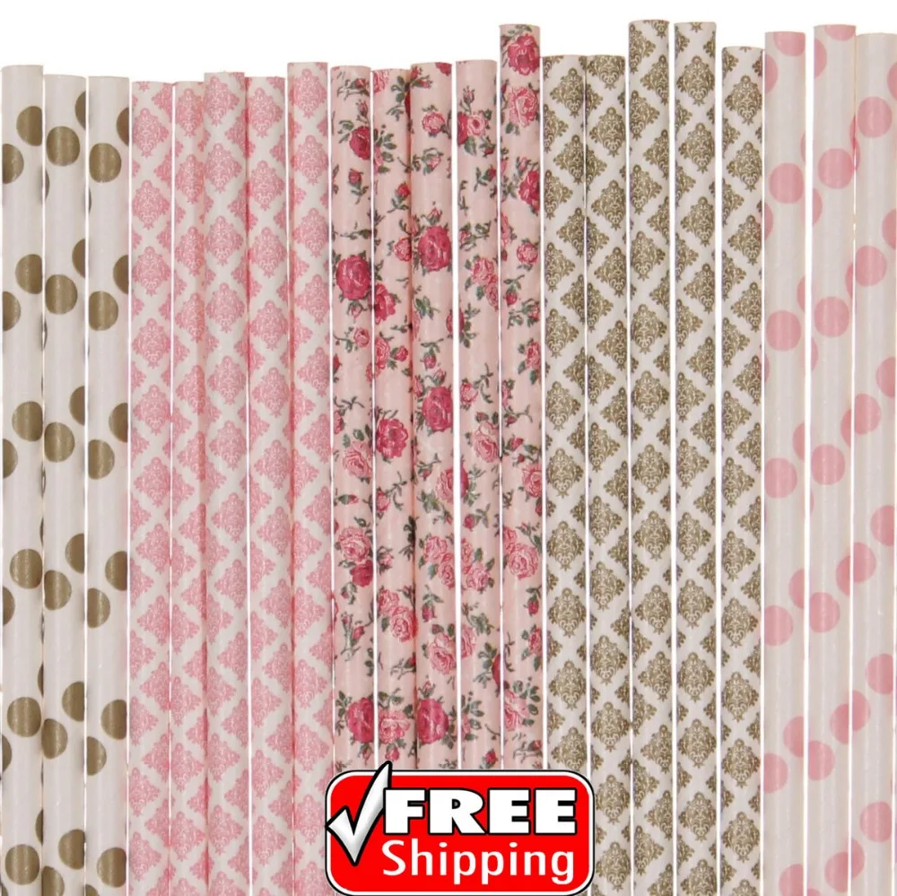 

250 Pcs Mixed 5 Designs Gold and Light Pink Themed Paper Straws-Polka Dot,Flower,Floral,Damask-Bridal Shower Wedding Tea Party