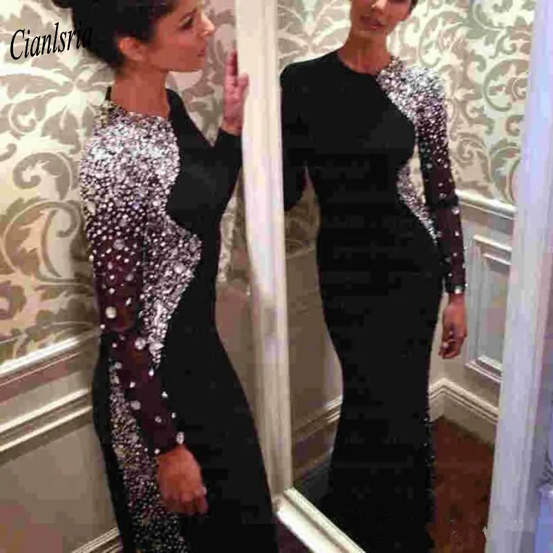 

Gorgeous O-Neck Long Sleeve Black Muslim Mermaid Evening Dress Beading Crystal Islamic Dubai Saudi Arabic Evening Party Dresses