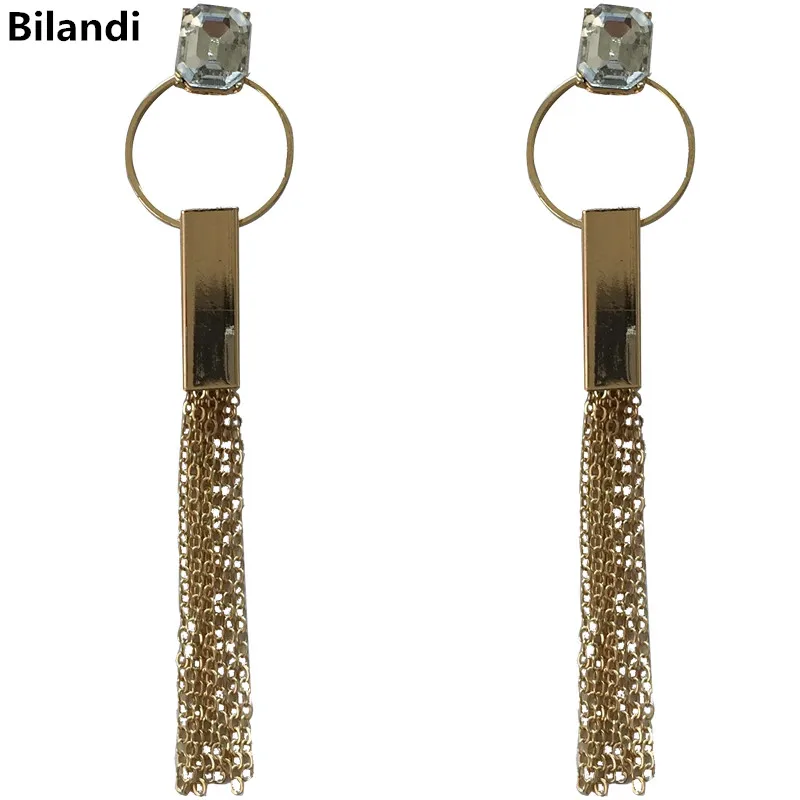 

Europe and America Glass Stone Metal Circle Square Chain Tassel Earrings For Women Jewelry