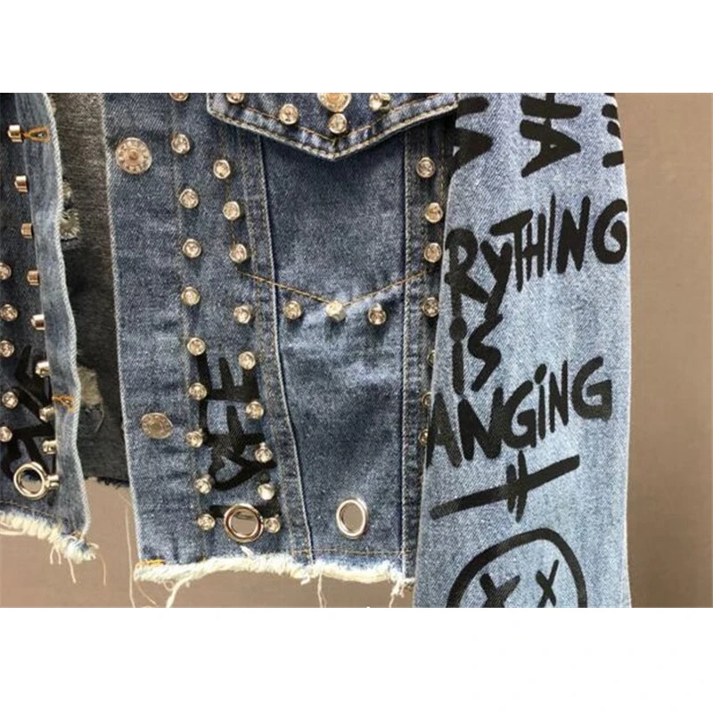 incredible  2019 New Fashion Beading Diamond Graffiti Printed Short Design Denim Jacket Coat Casual Women Cowbo