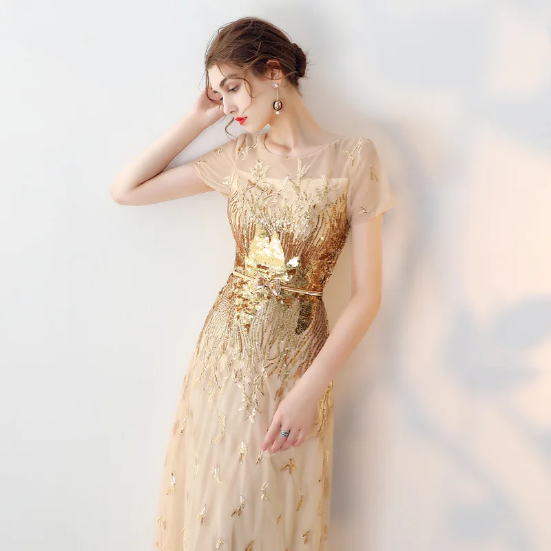 Роскошное платье с золотым принтом; Robe De Soiree; кружевное длинное вечернее платье с короткими рукавами и аппликацией; вечерние платья для особых случаев; ES1399