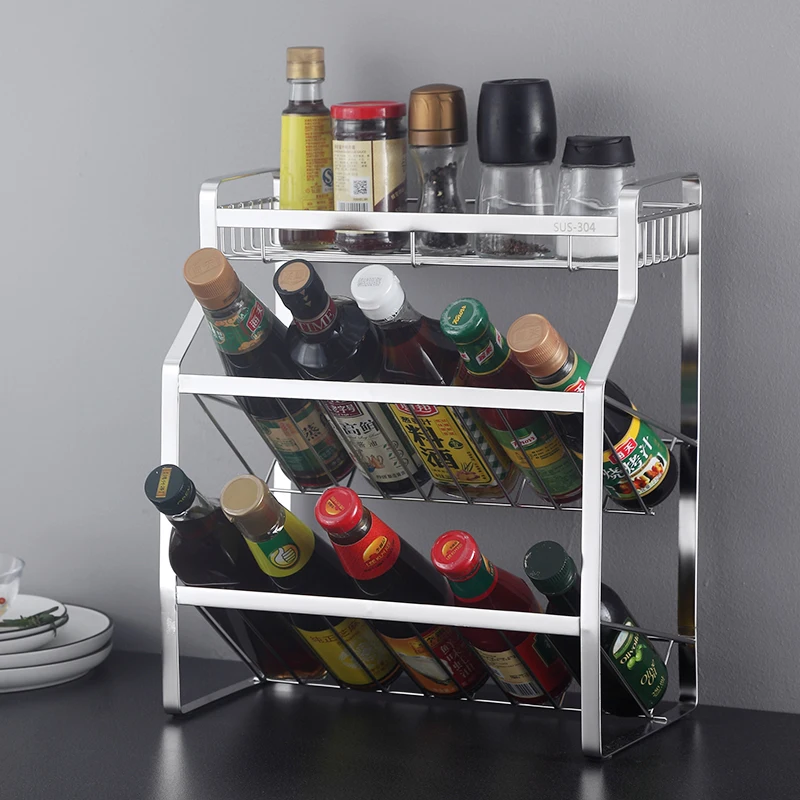 

Kitchen countertop three-layer condiment storage rack Stainless steel spice rack,black or silver oblique bottle rack,save space